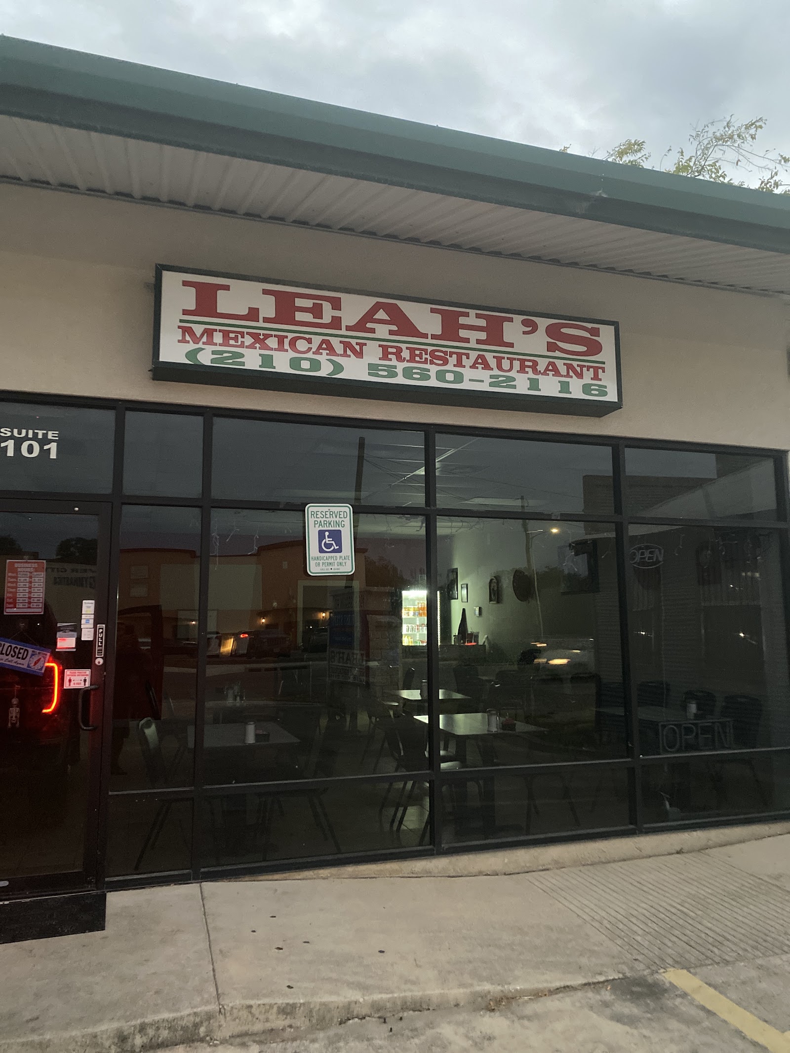 Leah's Mexican Restaurant storefront sign in Converse, TX